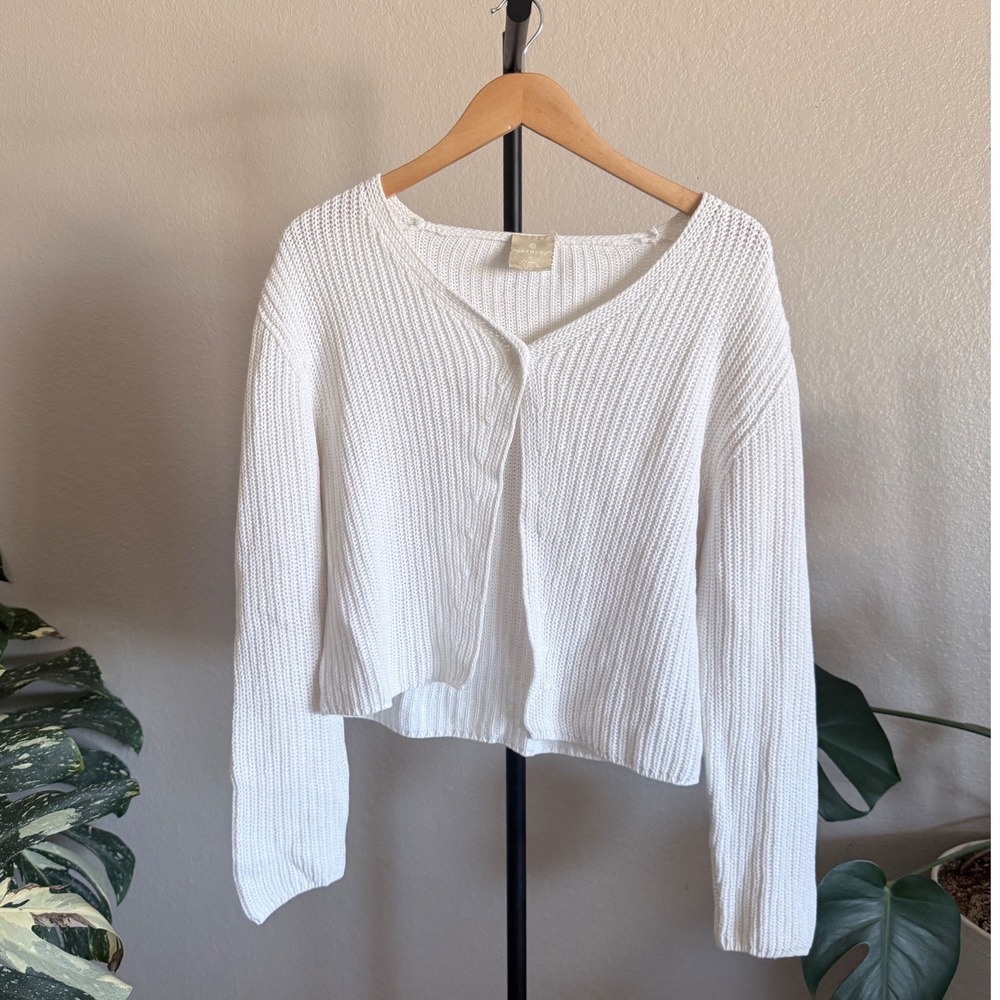 Top button Vintage White 100% Cotton Shaker Knit Cropped Cardigan Sweater Medium